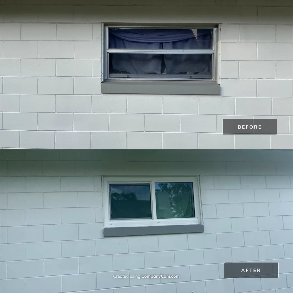 Stacked before and after: an old jalousie opening replaced by a white vinyl horizontal slider.